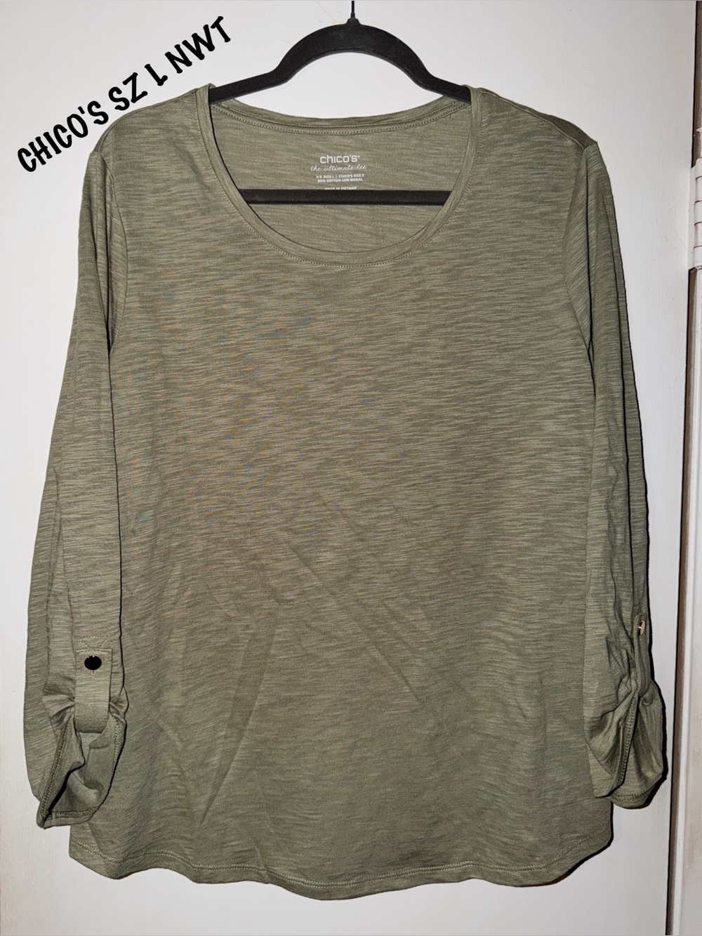 Chico's Olive Green Scoop Neck Long-Sleeve Top with Roll-Tab Sleeves
